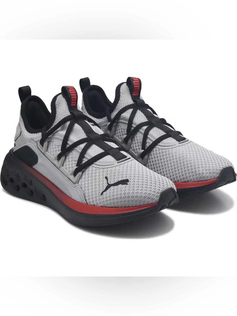 Puma Light Gray Mesh Sneakers with Black & Red Accents